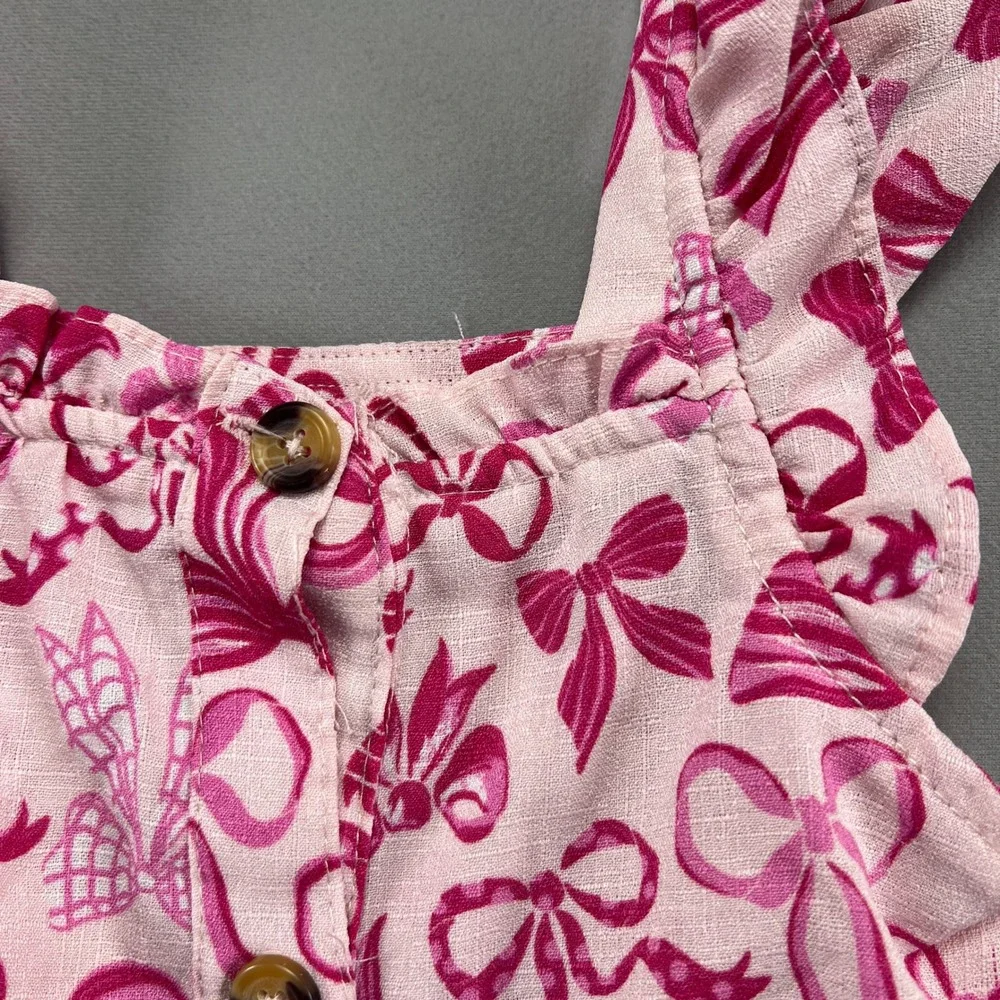 Nannette A Line Dress Girls 5 Pink All Over Bow Print Ruffle Shoulder Straps